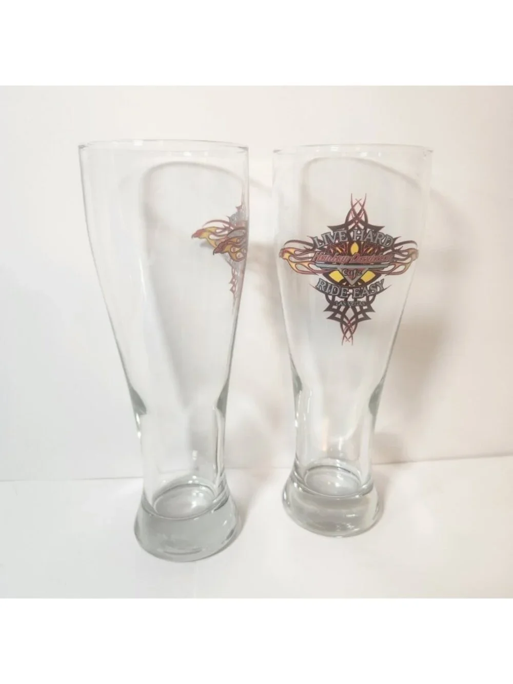 Harley Davidson Cafe Las Vegas Pilsner Glass Set Live Hard Ride Easy‎ 9 Inch 2pc